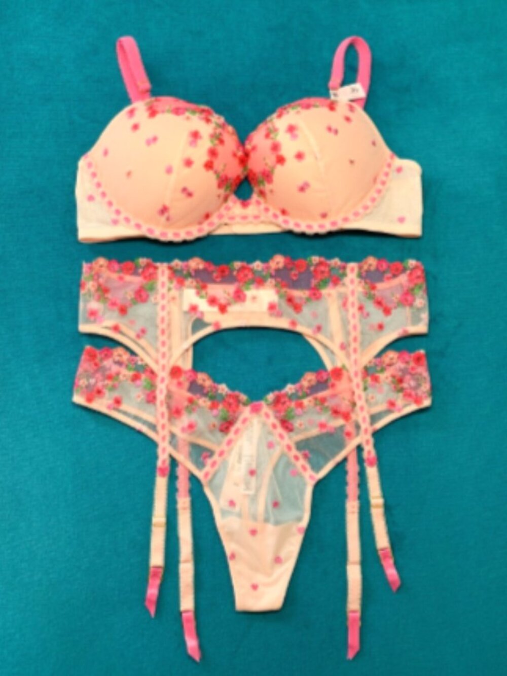 Victoria's Secret Dream Angels Hearts & Roses Embroidery Push-Up Bra 36B 3Pc Set